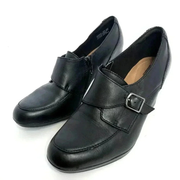 Clarks Black Leather Heeled Mule With Buckle Women's Size 10 Heels - Picture 1 of 11